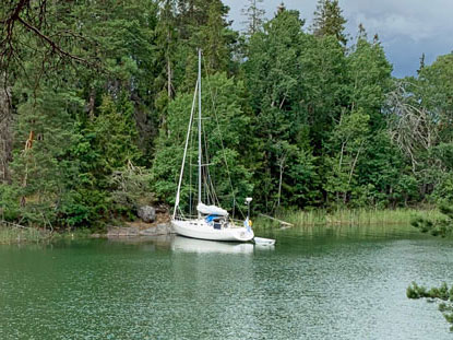 En segelbåt har lagt till i Svartviken som är en populär naturhamn i Ängsö naitonalpark.