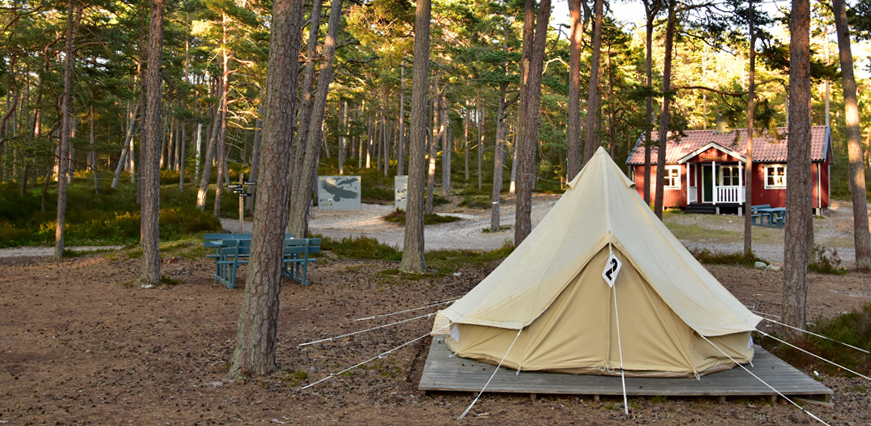 Ett tält framför en stuga i skogen. 