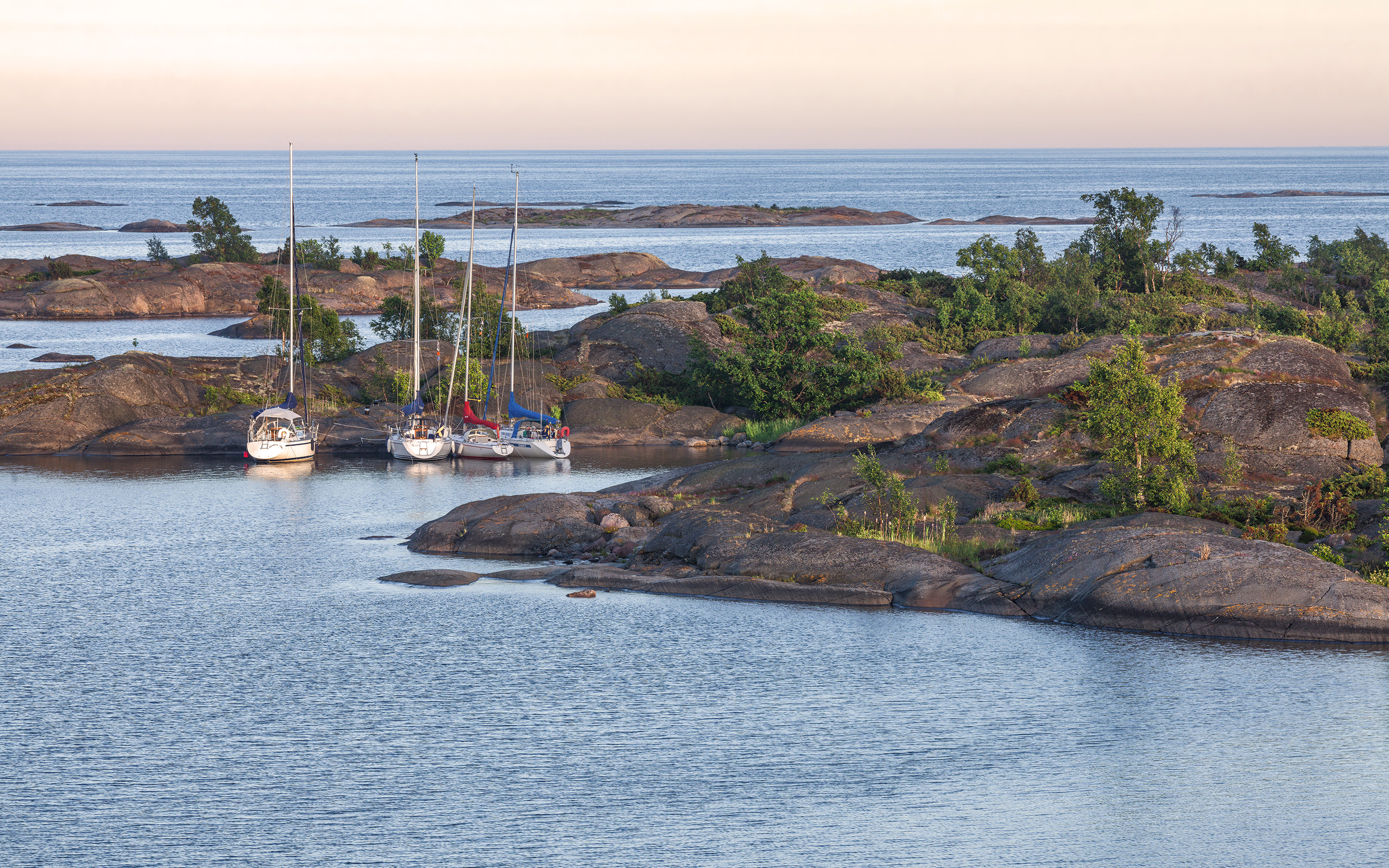Segelbåtar ligger förtöjda vid naturhamn.