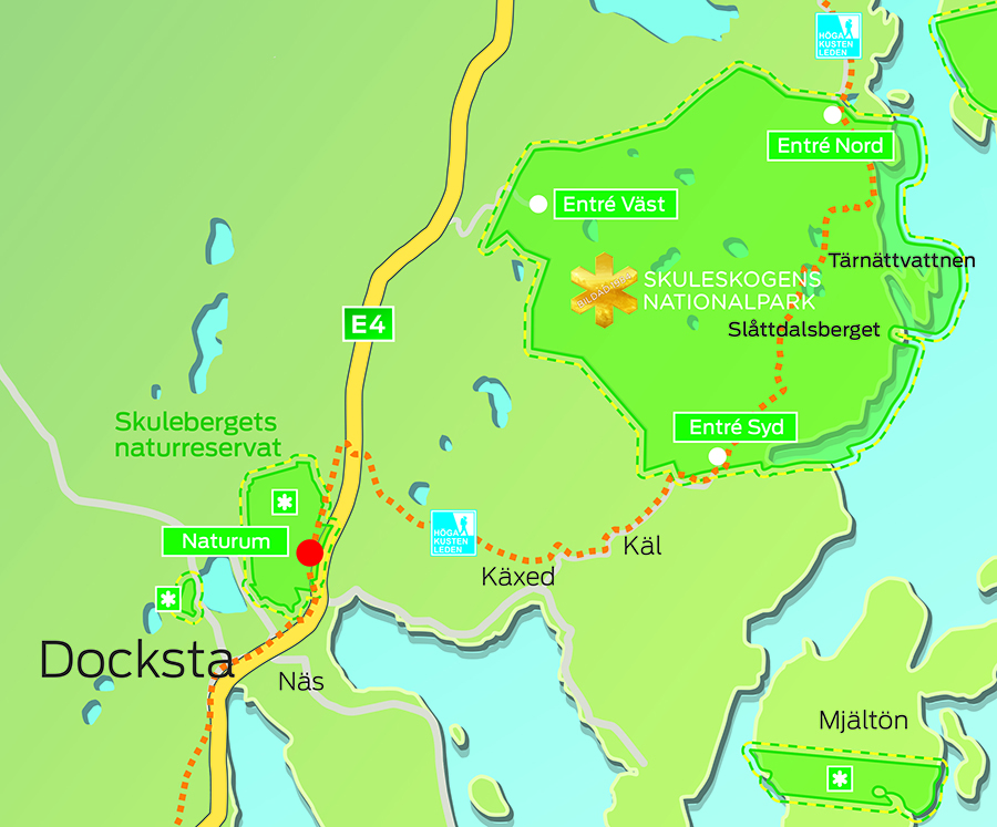 Karta som visar att national parken ligger mellan E4:an och havet. Naturum Höga kusten ligger en mil därifrån.
