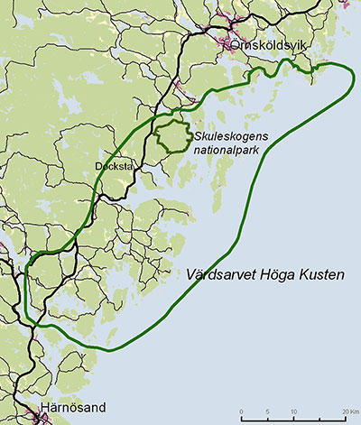 Karta över världsarvet Höga kusten.