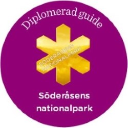 Diplomerad guide logga med lila bakgrund, guldstjärna och texten diplomerad guide söderåsens nationalpark
