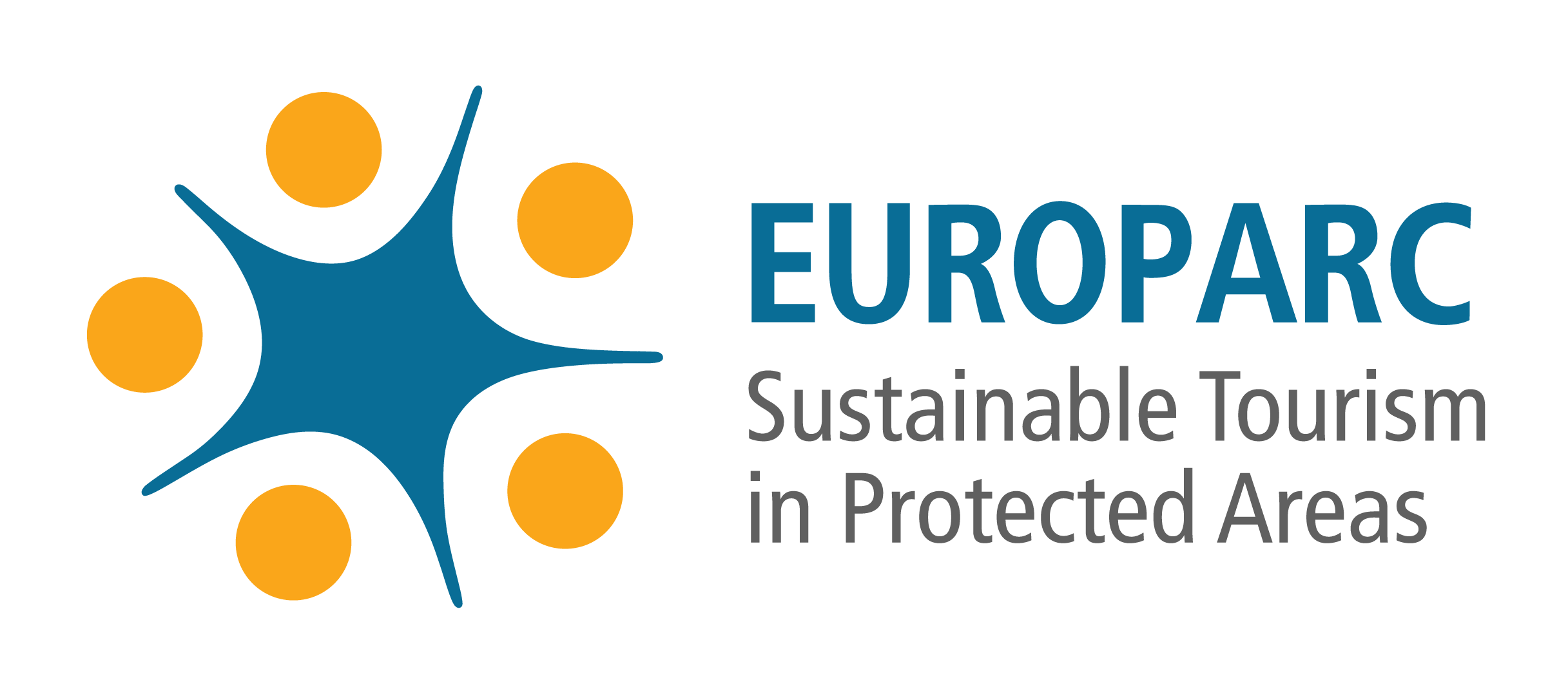Blå fem-stjärneliknande figur i mitten omringad av fem gula cirklar och texten EUROPARC sustainable tourism in protected areas