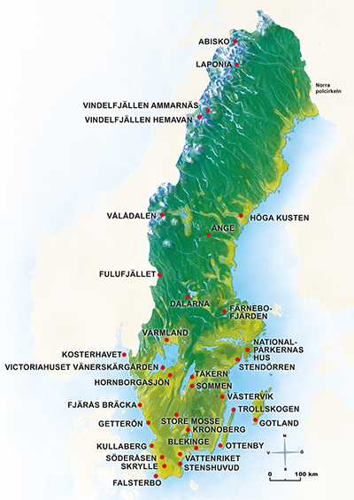 Karta över Sverige där naturum är markerade som röda prickar.